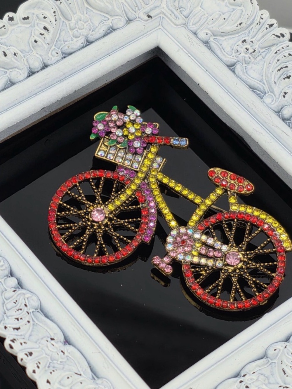 Vintage Colorful Rhinestone Bicycle Pin GoldTone Sparkly Bike pin Floral Basket